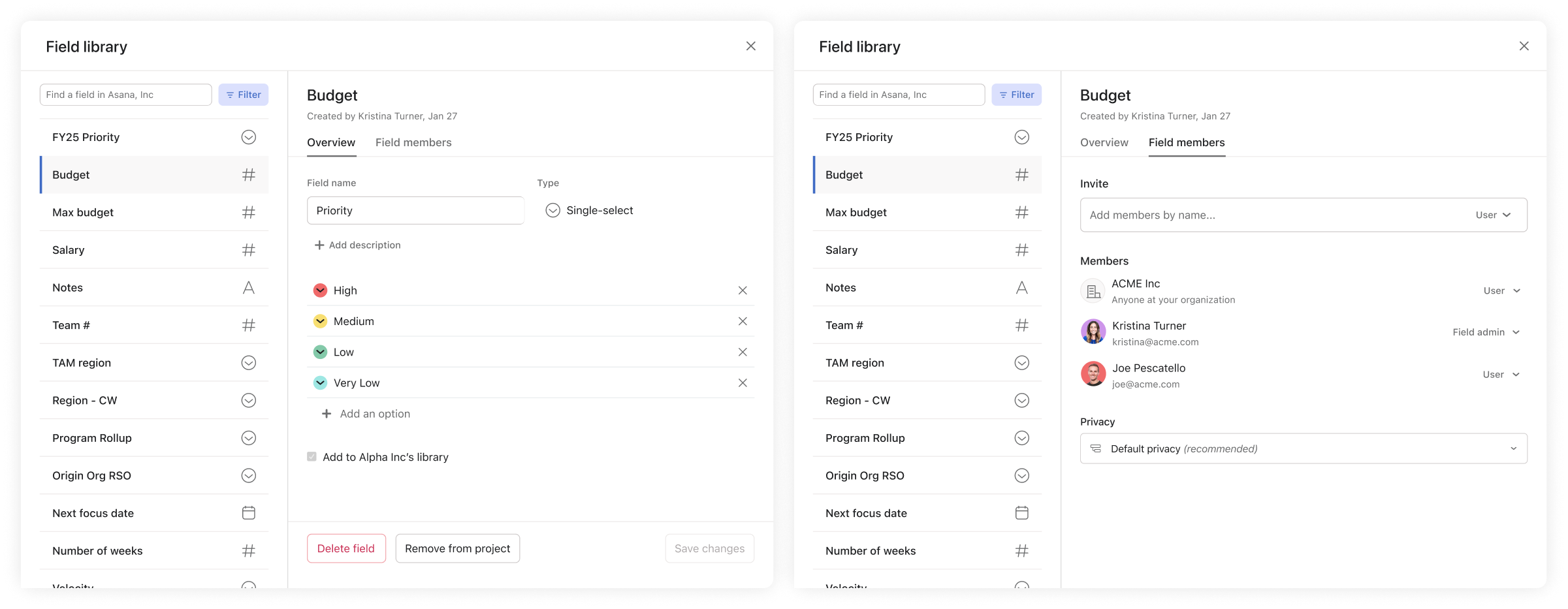 A large modal with a split view showing all available fields and the selected field detail