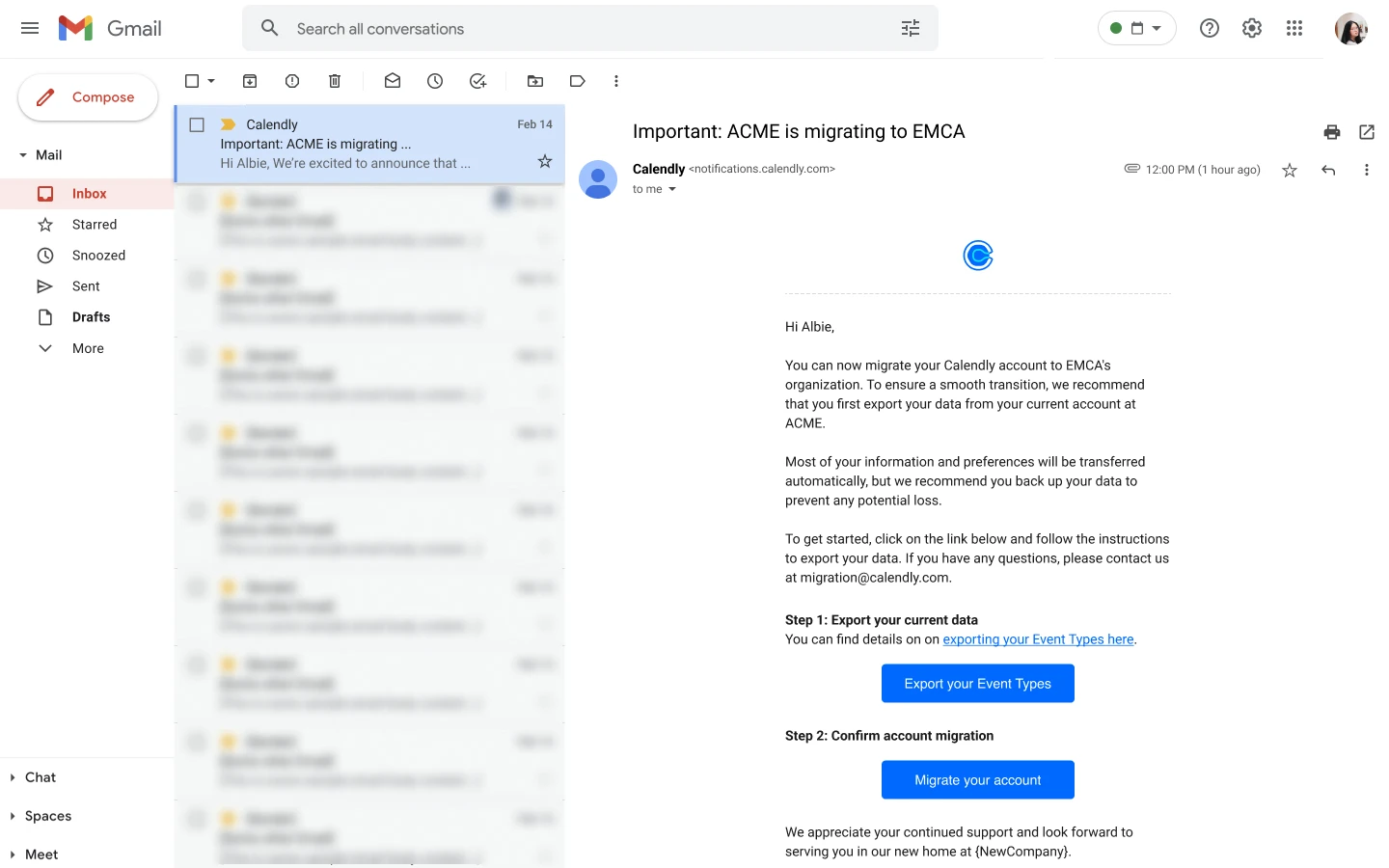 An email informing a user of migration status with instructions