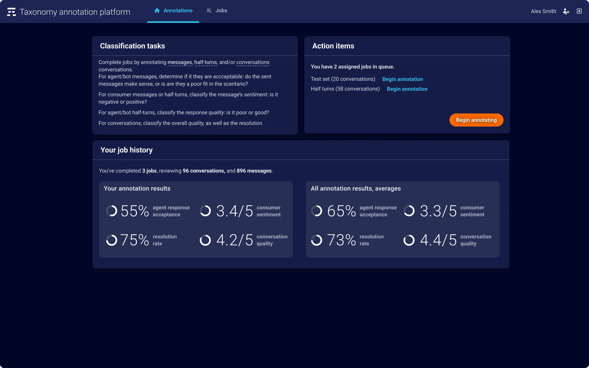 Annotation tool interface dashboard
