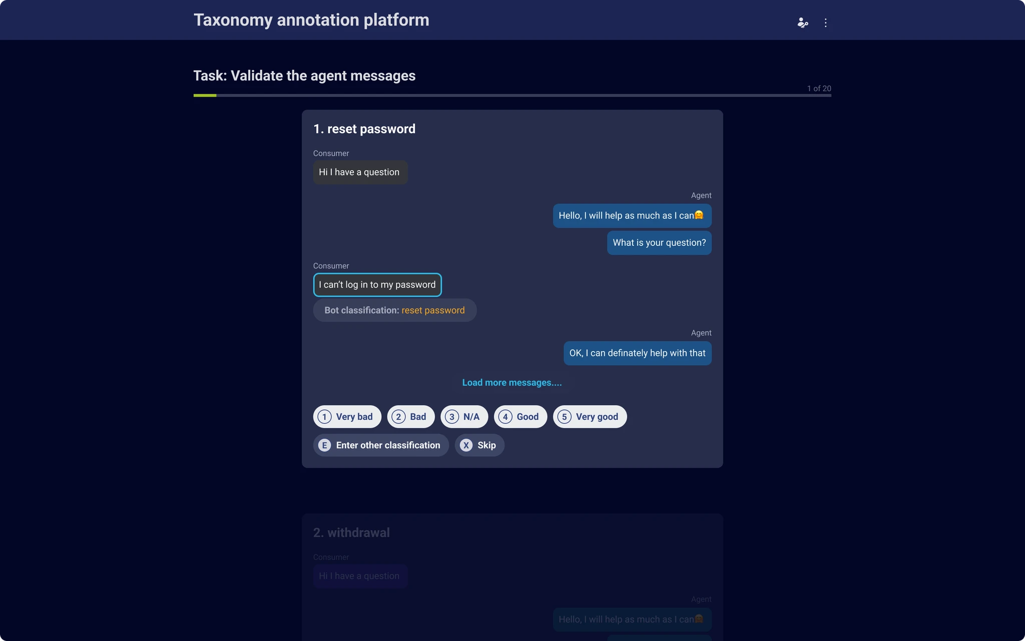 Annotation tool interface with controls beneath the conversation