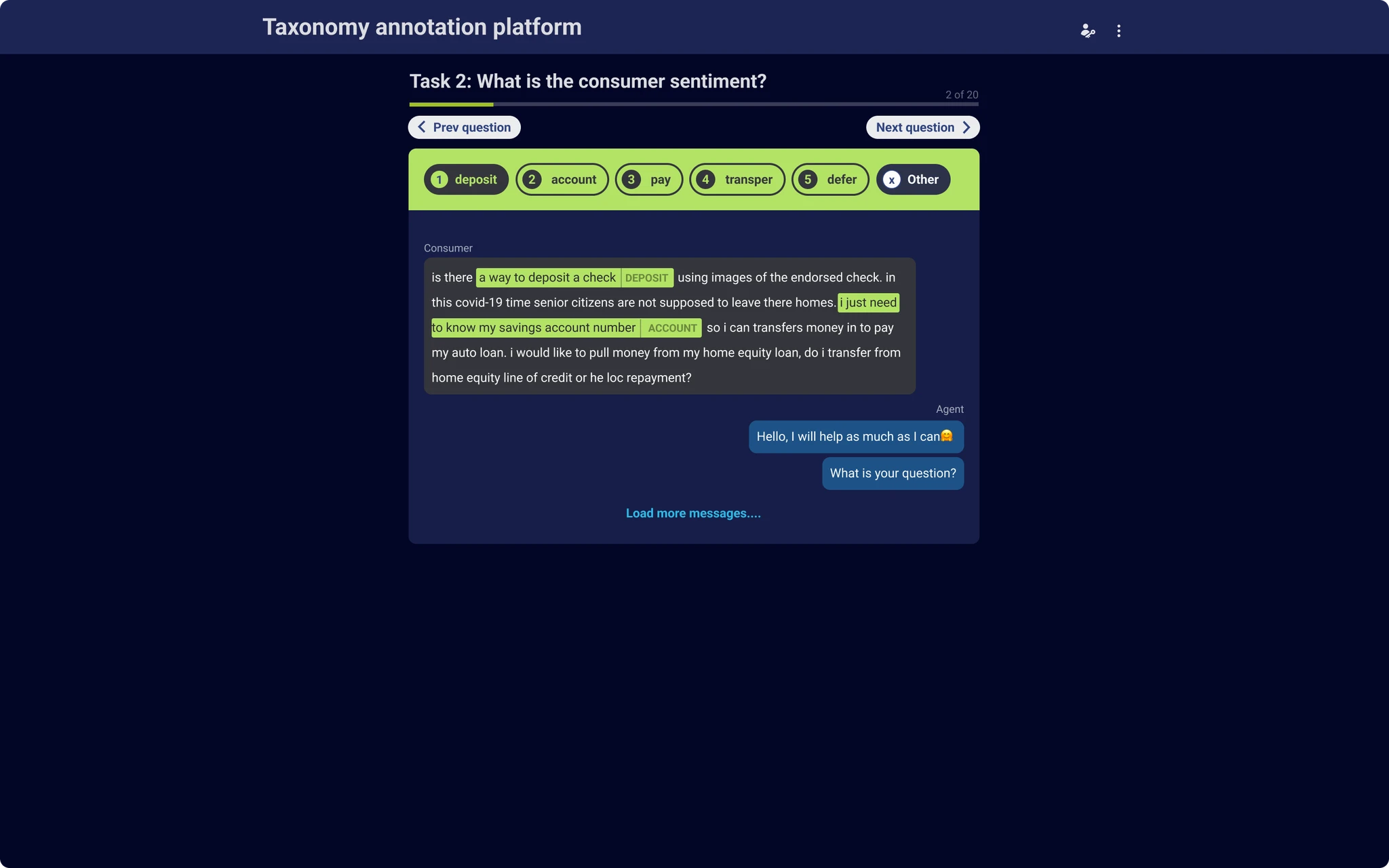 Annotation tool interface for tagging text within a message